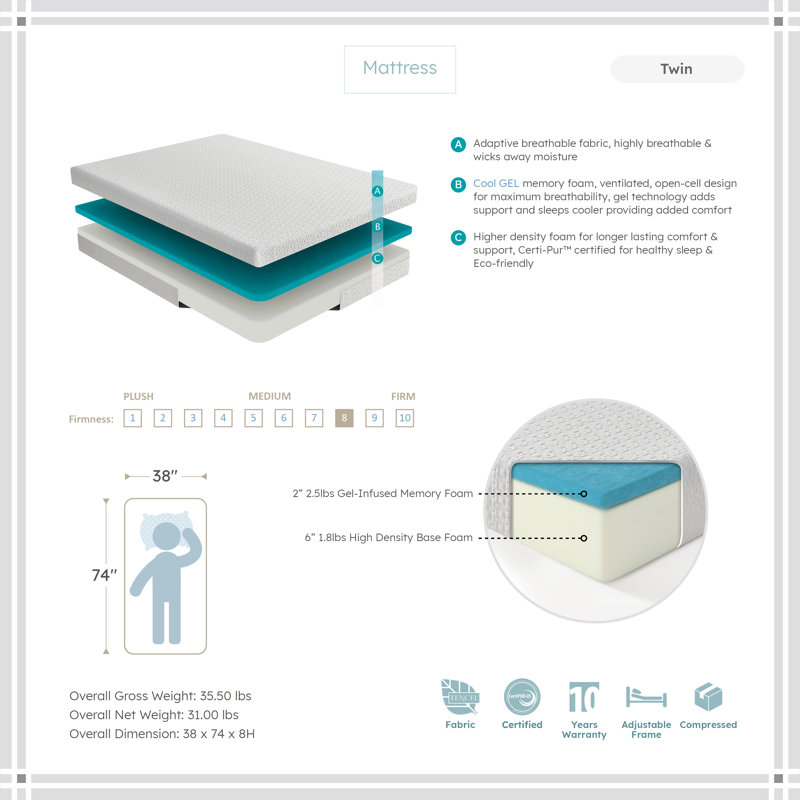 Mokszycki 8" Modern & Contemporary Gel-Infused Memory Foam Mattress with Tencel Mattress Cooling Gel-Infused Foam, Breathable Tencel Cover