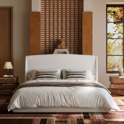 Structure de lit pour grand lit doux avec tête de lit à oreilles, lit plateforme avec tête de lit rembourrée, aucun sommier requis, assemblage facile, tissu en lin élégant