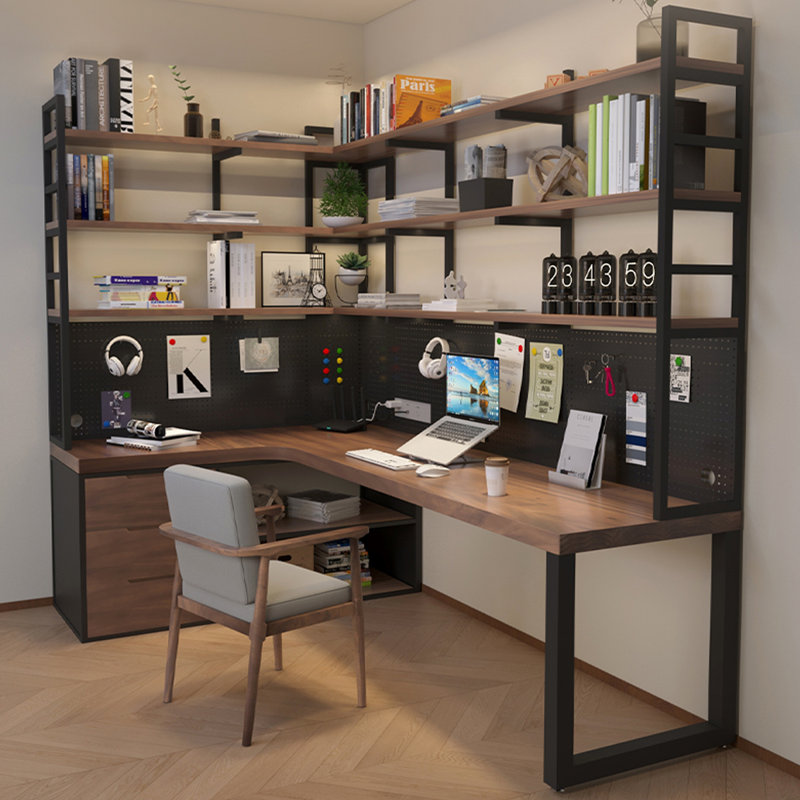 Bureau en L en bois massif intégré avec bibliothèque et bibliothèque, H 82,68 po x l 94,49 po x P 39,37 po