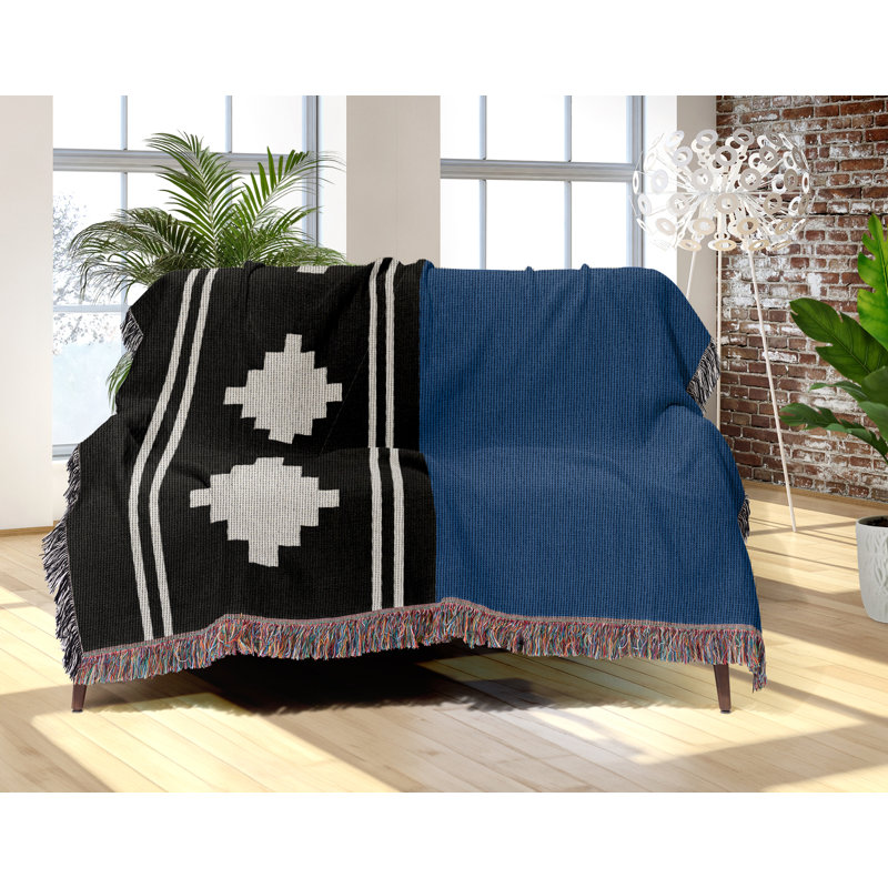 Couverture en mélange de coton Ector South Western, L 60 po x l 50 po, Bleu / noir / blanc cassé
