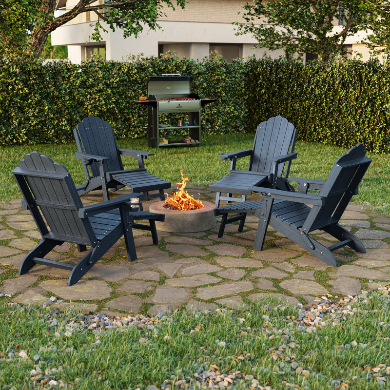 Folding Adirondack Chair with Retractable Ottoman and Cup Holder, Outdoor HDPE Lounge Chair, Navy