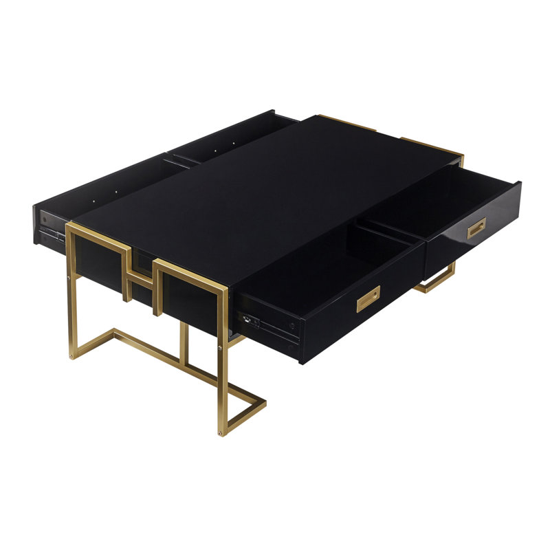 Table basse moderne moderne noire avec 4 tiroirs et base dorée de 47,3 po, Noir