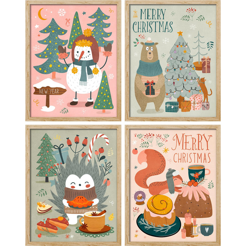 «Christmas Decor Season Snowman Tree Squirrel», impression sur papier 4 pièces, H 14 po x l 11 po, Naturel