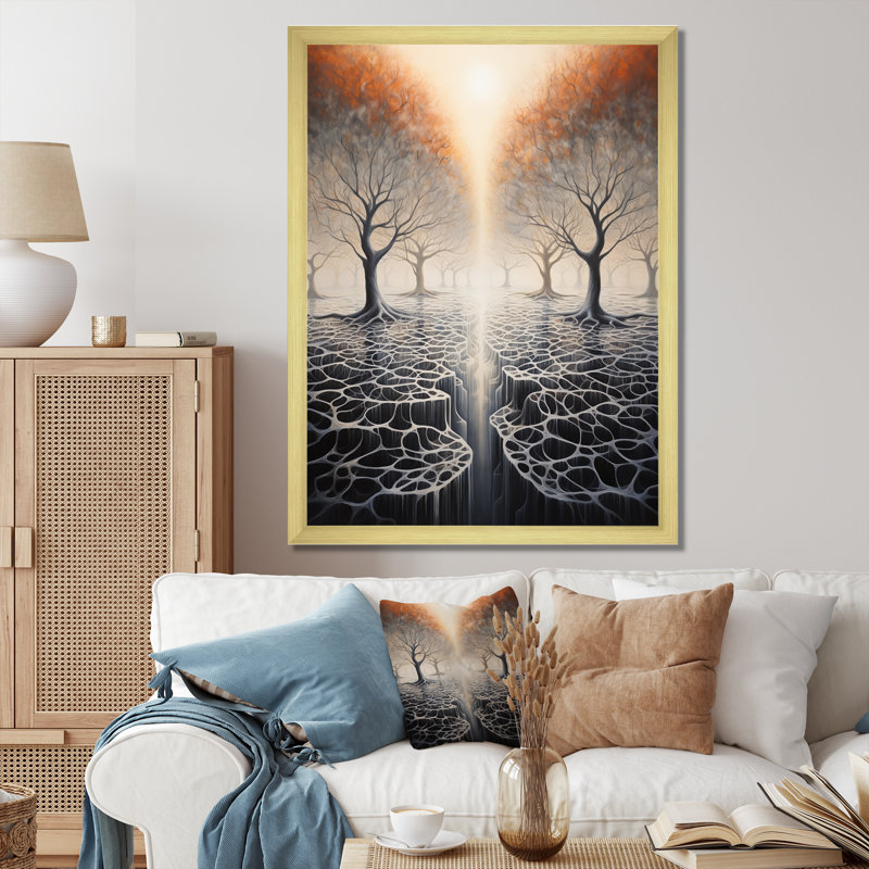 Surréalisme, arbre, racines célestes I sur toile, H 20 po x l 12 po x P 1 po, Encadrement doré