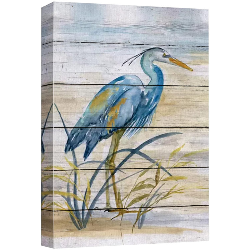 Blue Heron Bird Wrapped Canvas Art in Geometric Style