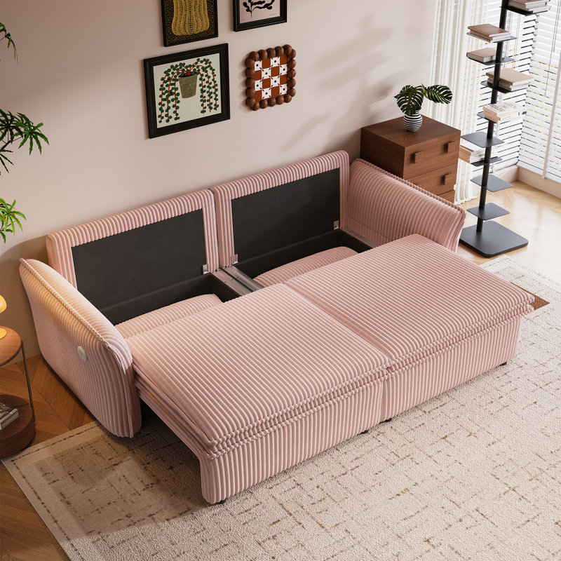 Canapé-lit de 85 pouces, convertible 3 en 1 avec lit gigogne, port de chargement USB, canapé deux places pour salon et chambre d'amis, rose