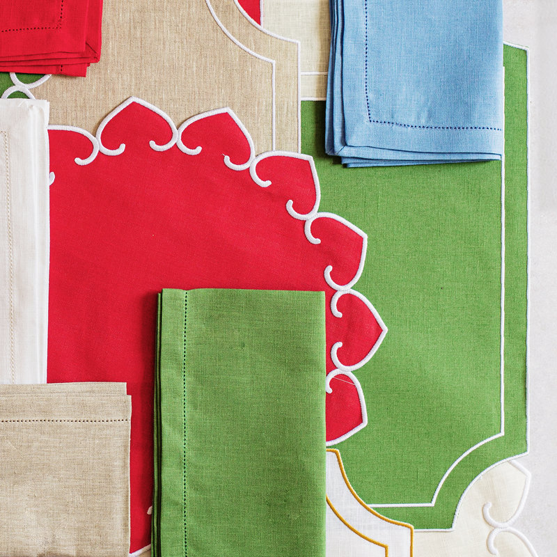 Green Linen Rectangular Placemats with White Stitching - Set of 4
