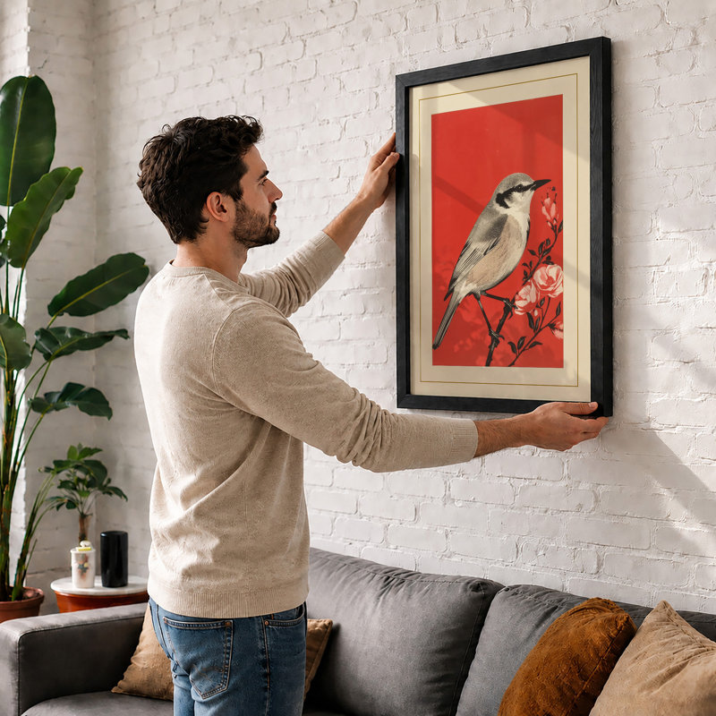 Bird On Flowering Branch Japandi - Print, A2 - 59.4 x 42.0 cm, Black
