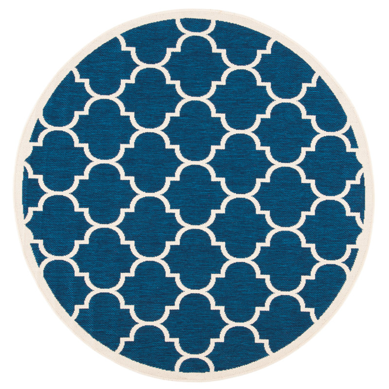 Courtyard Performance Geometric Indoor/Outdoor Area Rug, Round 5'3", Beige/Navy