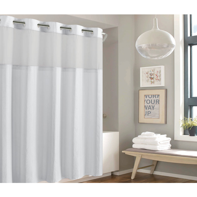 Hookless Waffle Stripe Shower Curtain, 2-in-1 Shower Curtain Includes Fabric Shower Curtain with Sheer Top Window and Flex-on Rings, It’s a Snap! Liner Compatible, 71 In Wide x 74 In Long, Bright White