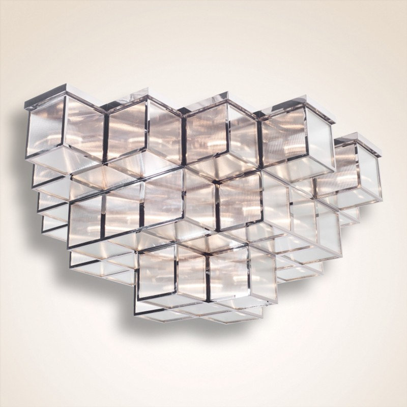 Flush Mount Corbin​ Cubic Glass Chandelier, 54" Length x 32" Width x 15" Height, Smoke, Polished Nickel