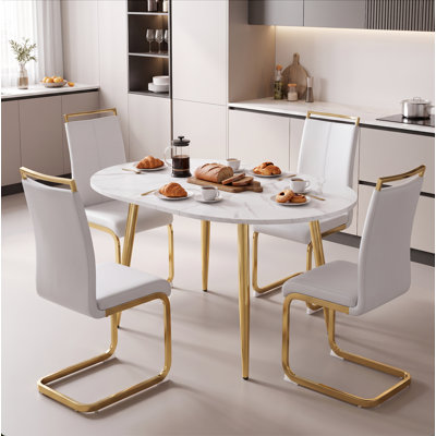 Ensemble de salle à manger moderne extensible 3 pièces en bois, de forme ronde à ovale, avec chaises en similicuir
