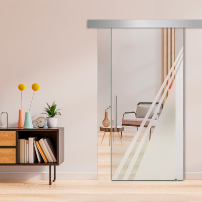 Porte de grange coulissante en verre sans cadre avec design moderne sablé et quincaillerie (semi-privée)