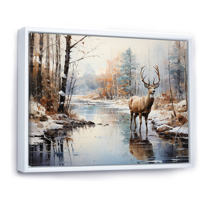Cerf hiver sérénade - art mural grand cerf, H 24 po x l 32 po, Cadre flottant blanc
