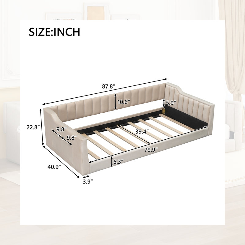 Lit de jour simple TG rembourré avec rangement latéral - Canapé-lit en velours beige de 87 po de largeur avec accoudoirs inclinés