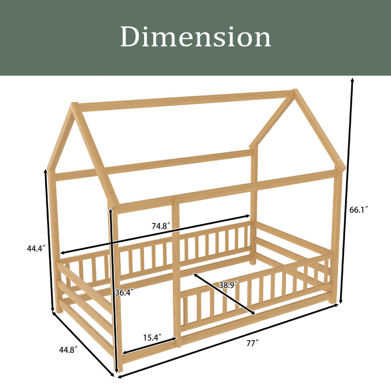Floor Wooden Bed With House Roof Frame, Fence Guardrails, Natural, Twin
