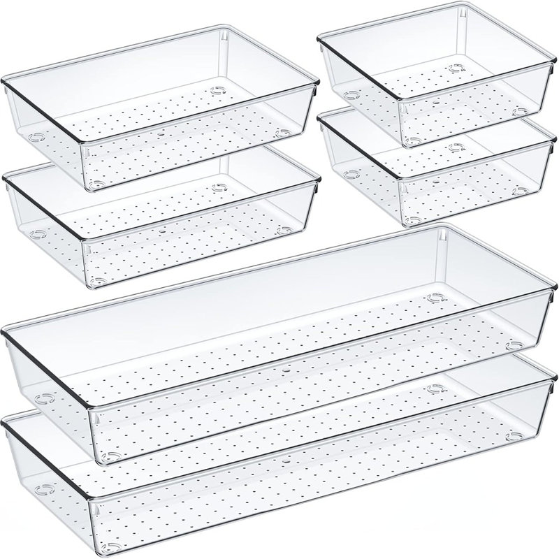 Ensemble de 6 tiroirs de rangement transparents de grande taille, diviseur de plateau de cuisine en acrylique antidérapant et antidérapant, rangement multifonctionnel pour les cosmétiques, la salle de bain, les outils, la cuisine et le bureau