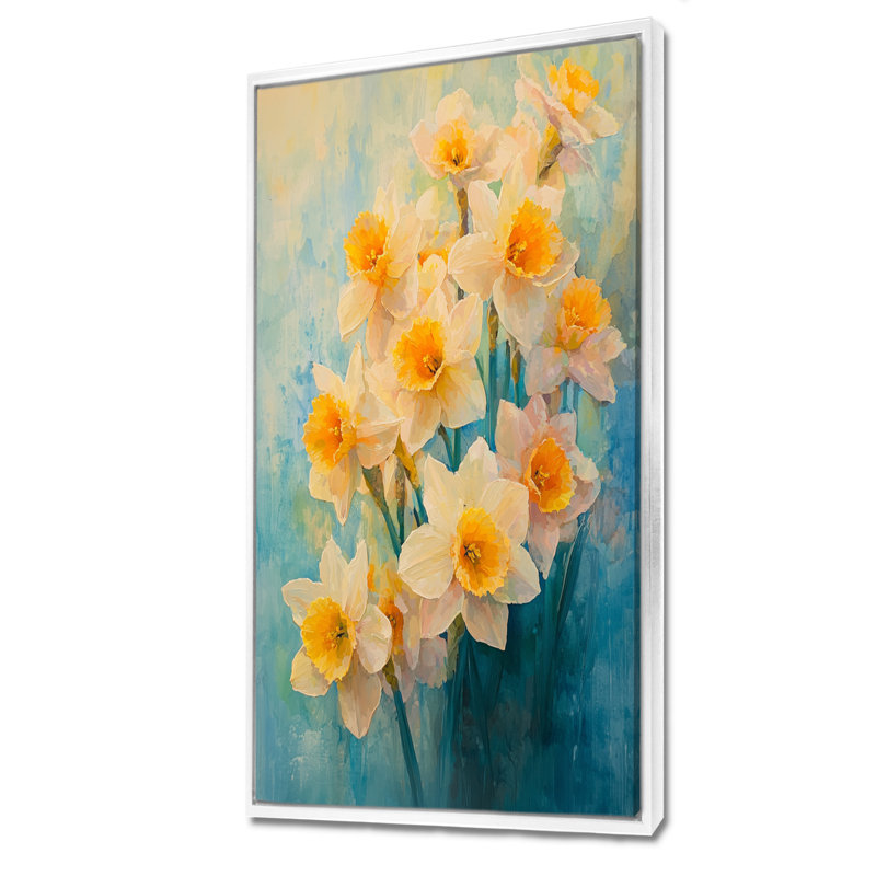 «Daffodil Radiance In Pastels Impressionist III» - jonquilles, art mural, H 60 po x l 28 po, Reproduction avec cadre flottant