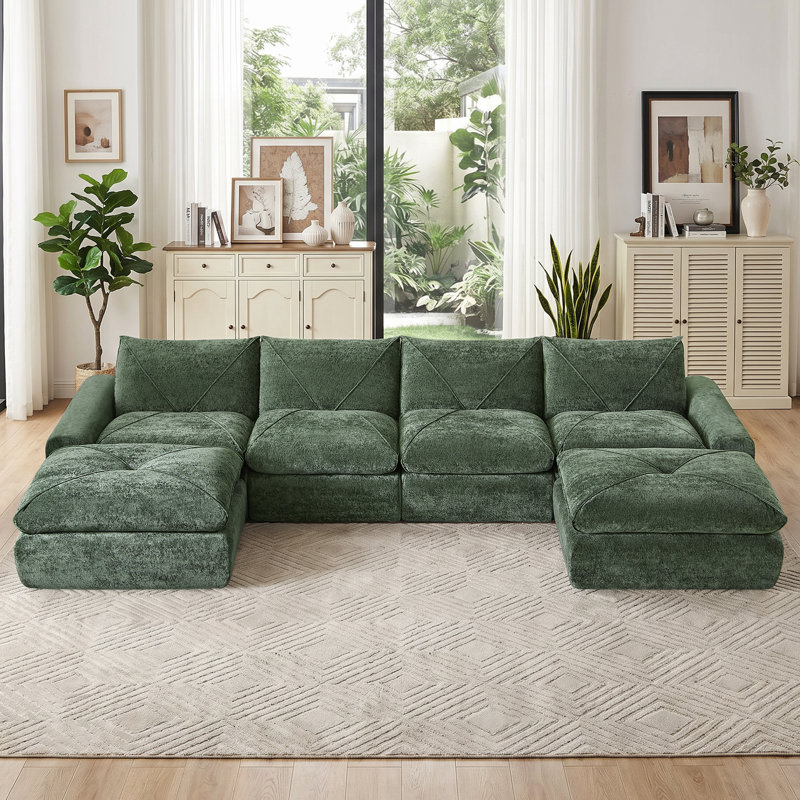 Canapés modulaires Boneless, Chenille verte, Forme en U (6 sièges)