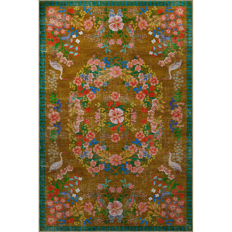 Floral Brown Themed Multi-Colored Floral Patterned Colorful Woven Base Rug, Rectangle 3'9.81" x 4'11.06"