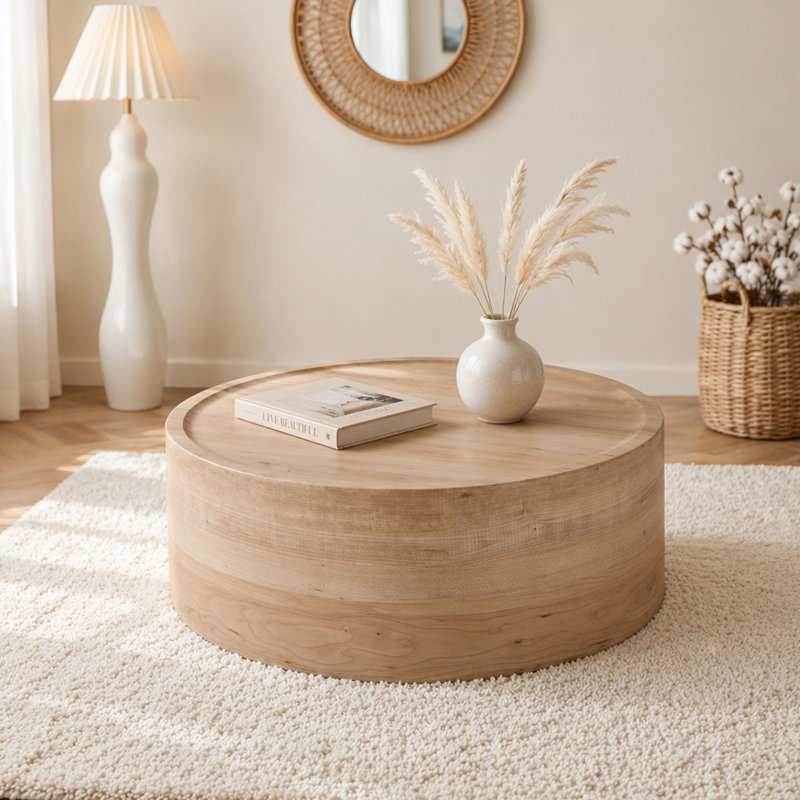 Table basse ronde de 31,5 po avec grain de bois naturel pour le salon, table basse à tambour rond pour le salon, sans assemblage
