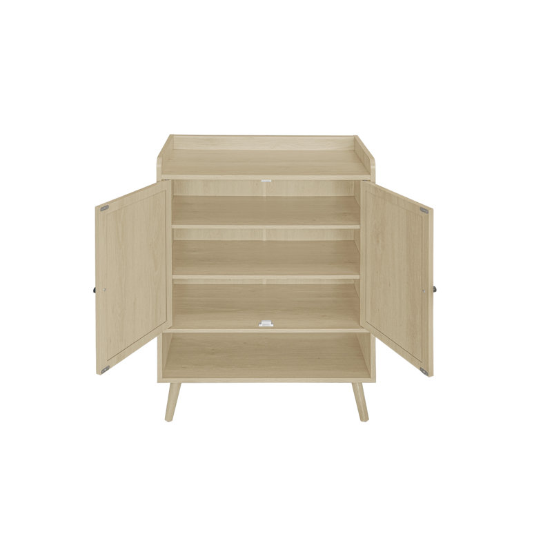 Rangement pour chaussures moderne à 2 portes, support d'entrée autoportant avec garde de déversement, stratifié intérieur réglable, support en pin stable, - d'ingénierie, couleur naturelle, fabriqué
