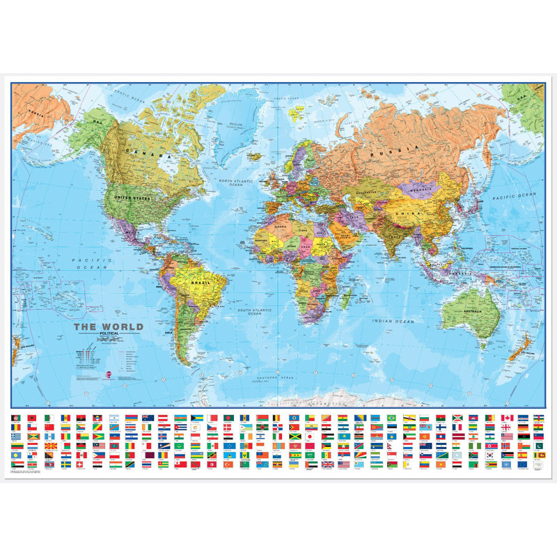 Large World Wall Map Political With Flags - Wrapped Canvas Print, 81.3cm H x 121.9cm W x 5cm D