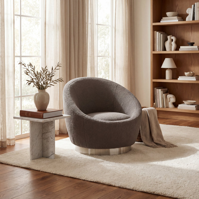 Teston Upholstered Swivel Barrel Chair, Dark Gray, Silver