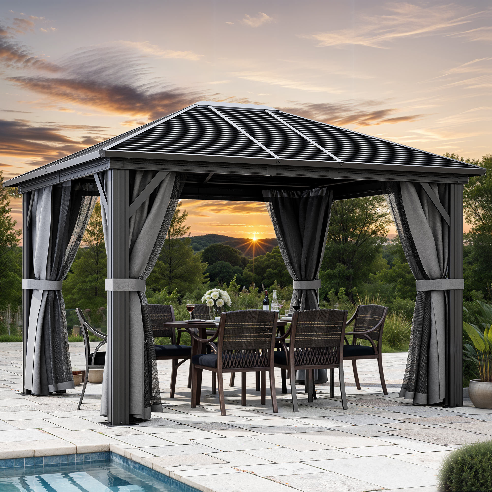 Edrosie Inc Outdoor Hardtop Gazebo with Curtains | Wayfair