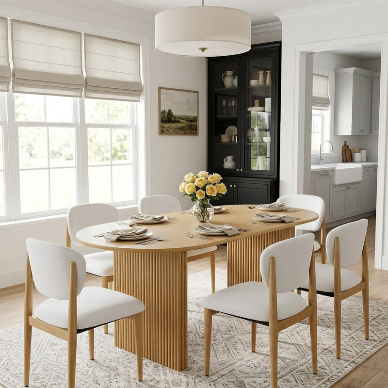 67" Solid Wood Oval Dining Table Set With 6 Fabirc Upholstered Dining Chairs Modern Double Pedestal Dining Set For Seats 6