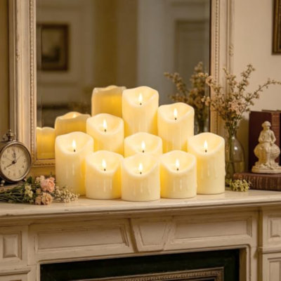 Flameless Candles with Remote, Battery Operated Flickering Flameless Candles, LED Candles with Timer 2/4/6/8H, Realistic Drop Wax flameless Candle Set of 9 (D3 x H 3" 4" 5" 6" 7") (Ivory)