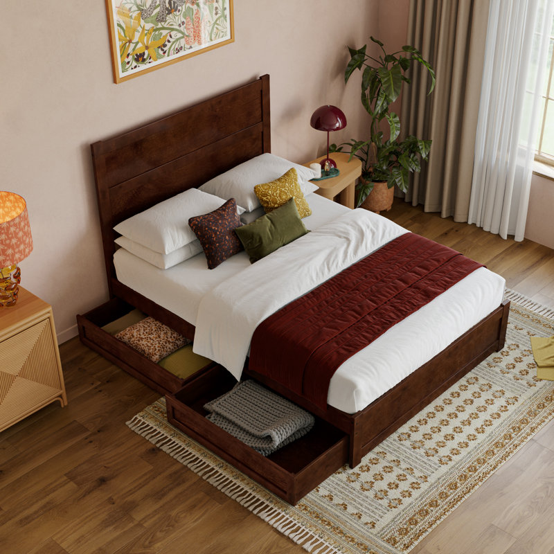 Lit plateforme avec tiroirs de rangement en bois Aveline, Lit double, Noyer