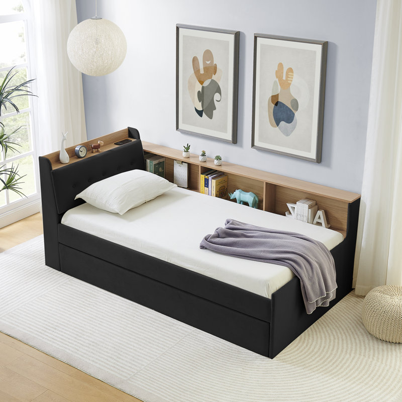  Twin Velvet Height Adjustable Day Bed with Storage Headboard, Wireless Charging and Trundle, Black, Black