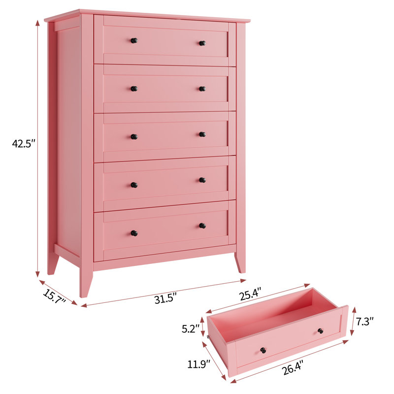 Commode 5 tiroirs peu encombrante, Rose