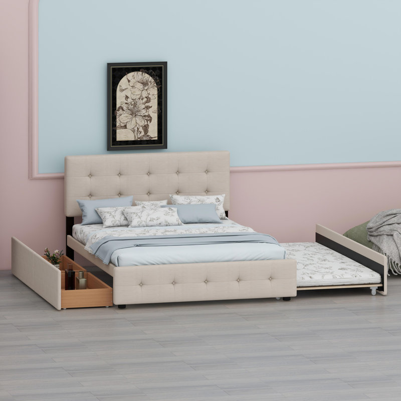 Lit plateforme tapissier avec tiroirs de rangement et lit gigogne, Beige foncé