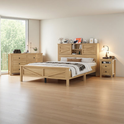 3-Pieces Bedroom Sets Farmhouse Platform Bed With Double Sliding Door Storage Headboard And Charging Station, Storage Nightstand And Dresser