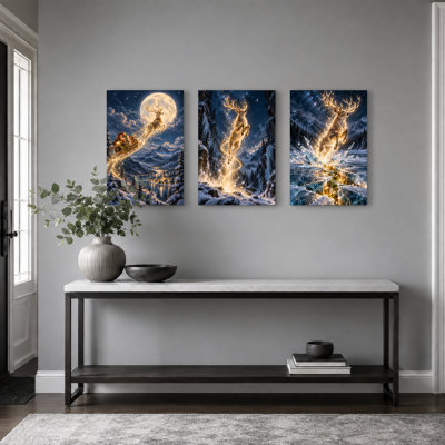 " Glowing Reindeer Triptych in Snowy Christmas " 3 Piece Art