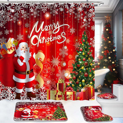 4 Piece Christmas Bathroom Set With Shower Curtain, Bath Mat, U-shaped Rug, Toilet Lid Cover, Hooks, Festive Holiday Decor