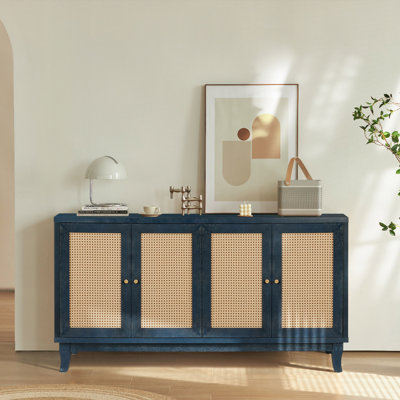 Handcrafted Premium Grain Panels,Rattan Sideboard Buffer Cabinet,Accent Storage Cabinet With 4 Rattan Doors, Modern Storage Cupboard Console Table with Adjustable Shelves for Living Room