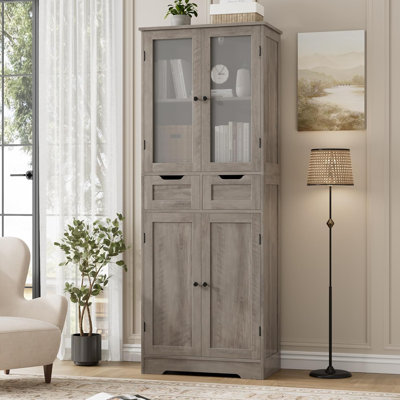 67" Tall Bathroom Storage Cabinet, Freestanding Linen Cabinet With Glass Door And Shelves, Kitchen Pantry With 2 Drawers For Bathroom, Living Room, Di by Lark Manor