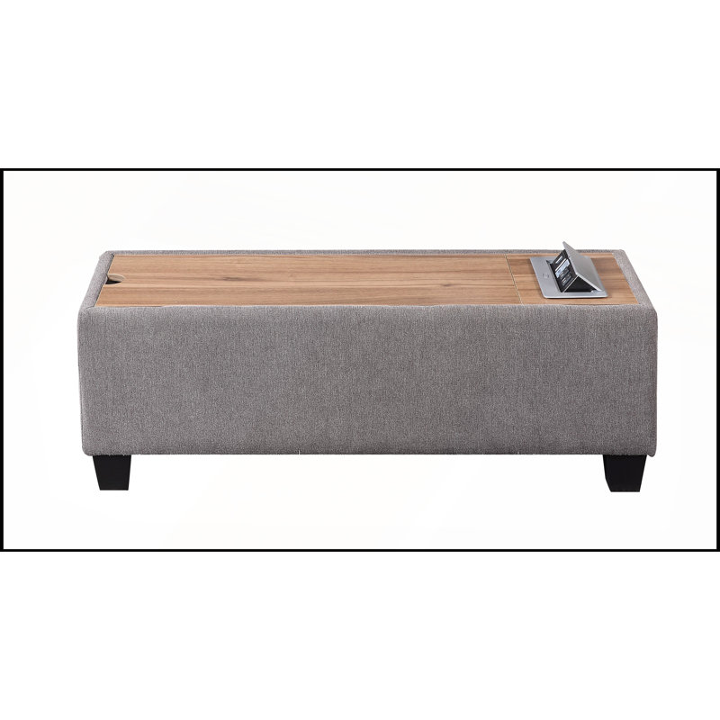 Table console ottomane de rangement Montclair Light, revêtement rembourré, plateau en bois, 2 ports USB, 2 ports de chargement secteur
