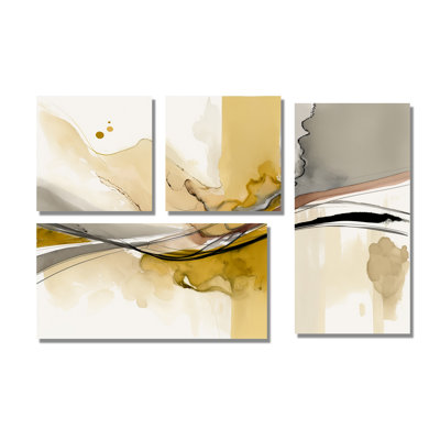 «Touched By Mustard» jaune et ultime gris IV - art mural abstrait à encre liquide 4 pièces