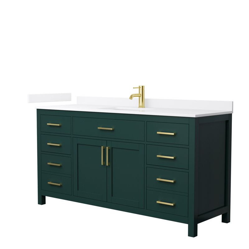 Meuble-lavabo simple autoportant de 66 po avec plateau en quartz Beckett, Vert, Or brossé, Quartz blanc