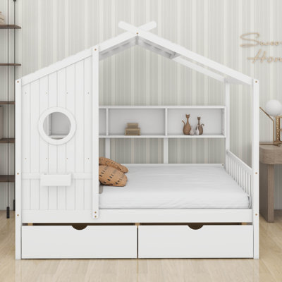 Lit double pleine grandeur avec 2 tiroirs de rangement, lit pour enfant avec tablettes de rangement, cadre de lit en bois pour filles, garçons