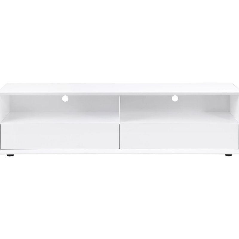 Meuble télé blanc lustré à 2 tiroirs, compatible avec les téléviseurs de 70 à 79 pouces, optimise l'espace, style contemporain, design élégant, profil bas pour téléviseurs jusqu'à 75 pouces.