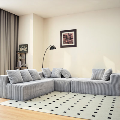 Canapé modulaire en U de 130 pouces à 4 places en velours côtelé gris rayé, conception réversible, idéal pour un espace de vie principal, dossier à coussin, usage moyen, aucune chaise longue en velours côtelé ne nécessitant d'assemblage,
