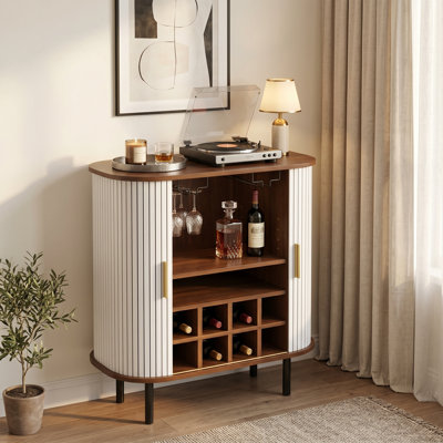28" Modern Fluted Bar Cabinet with Storage Drawer & Hidden Side Compartments