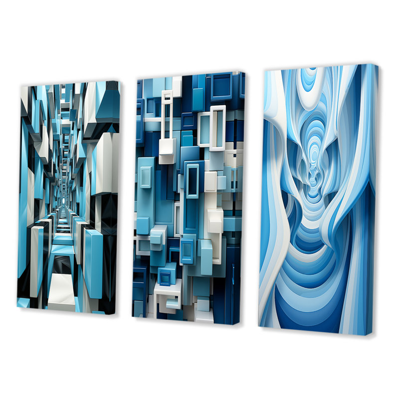 «Op Art Blue Focus», 3 pièces sur toile, Toile tendue, H 40 po x l 60 po