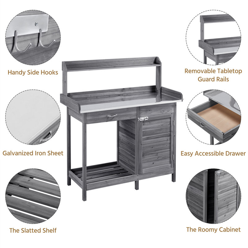 Garden Wood Potting Bench 100% Fir Wood, Grey