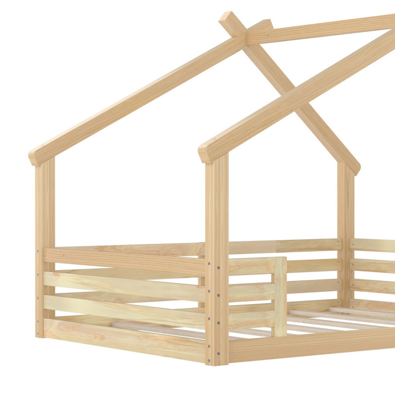 Floor Bed With Window And A Small Shelf, Solid Wood Floor Bed With House-Shaped Roof, Natural, Twin